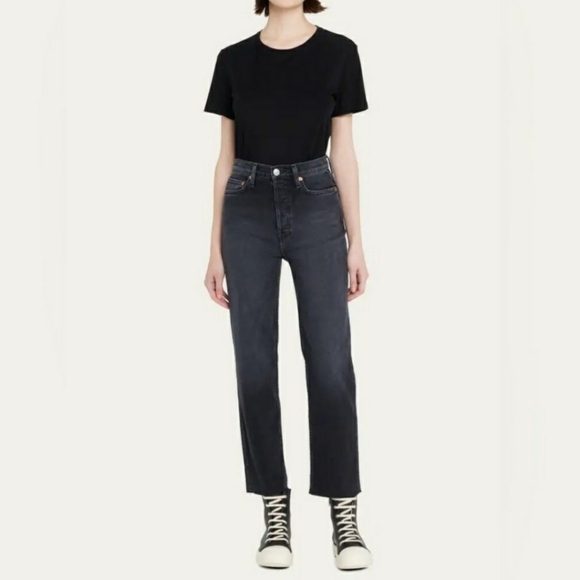 Re/Done High Rise Stove Pipe Jeans in Faded Black Size 26 Raw Hem Button Fly - Picture 1 of 9